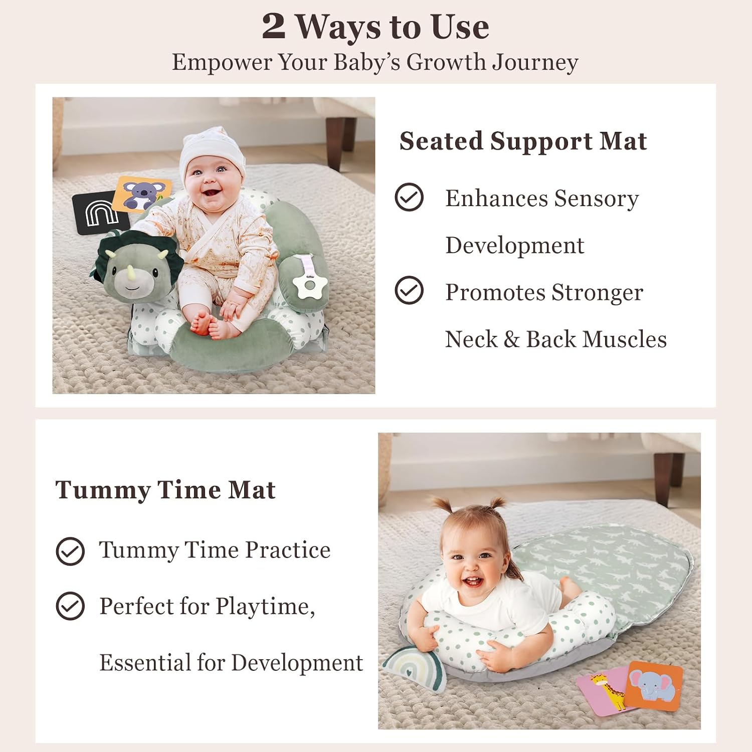 4 in 1 Tummy Time Mat with Educational Cards, Play Mat & Sitting Support for Newborn 0-12 Months, Infant Baby Sit Me Up Floor Seat, Sensory Skills Gifts, Dinosaur