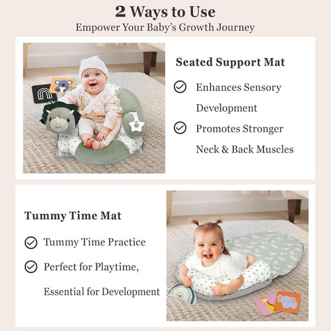 4 in 1 Tummy Time Mat with Educational Cards, Play Mat & Sitting Support for Newborn 0-12 Months, Infant Baby Sit Me Up Floor Seat, Sensory Skills Gifts, Dinosaur