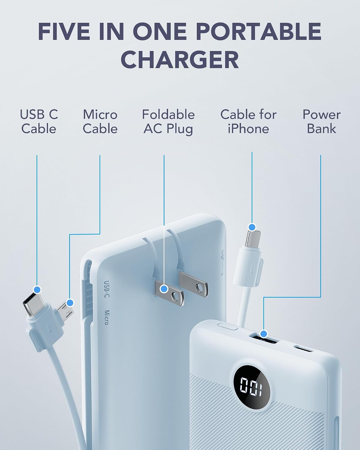 VRURC Portable Charger, Power Bank Built-in Cables and AC Wall Plug