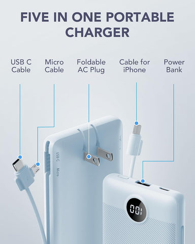 VRURC Portable Charger, Power Bank Built-in Cables and AC Wall Plug