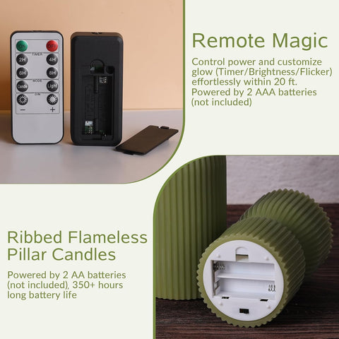 Olive Green Ribbed Flameless Pillar Candles with Remote Set of 2