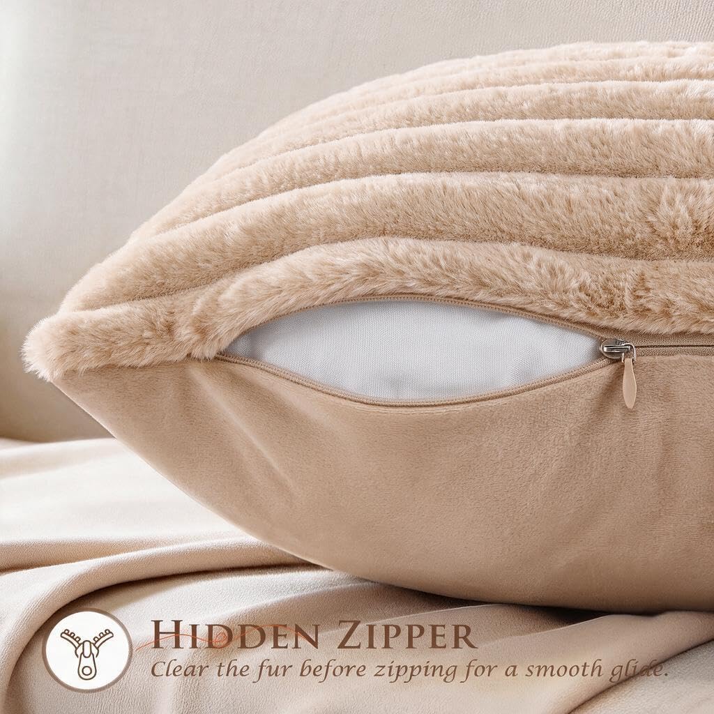 Set of 2 Decorative Throw Pillow Covers 26x26, Fall Faux Fur Apricot