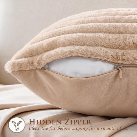 Set of 2 Decorative Throw Pillow Covers 26x26, Fall Faux Fur Apricot