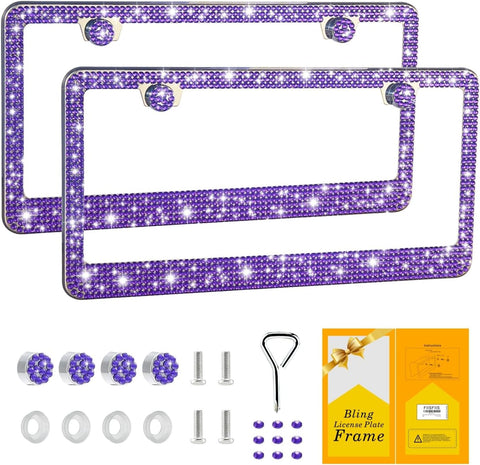 FIISFIIS Bling License Plate Frame for Women,2 Pack Premium Rhinestone Car License Plate Holder,Handmade Glitter Crystal Diamond Lincense Plate Cover for Girl,Bedazzled Sparkly Caps-4Hole Black