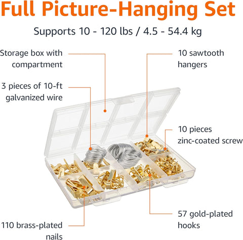 Amazon Basics Picture Hanging Hardware Assortment Kit, 220 Piece Set, Brass