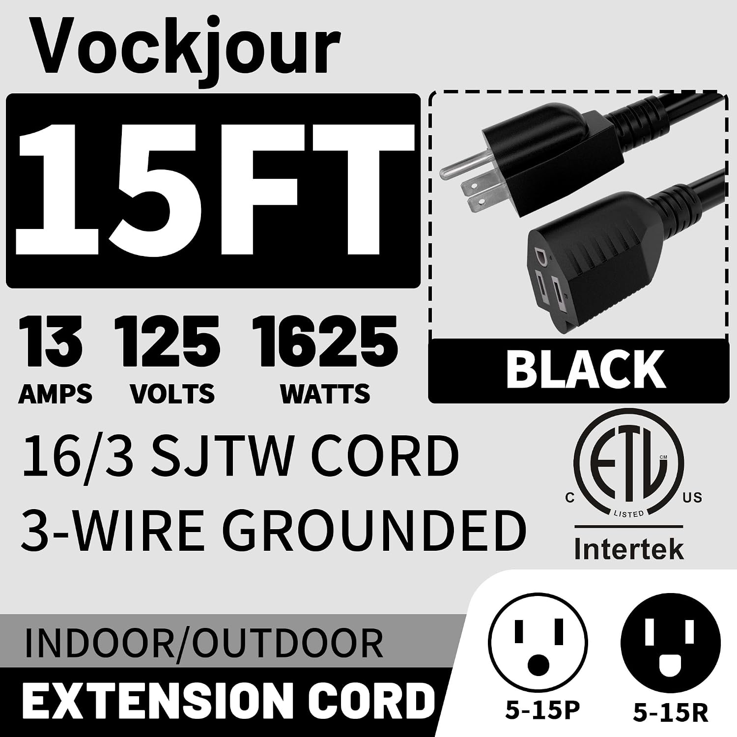 Vockjour 16/3 Black Indoor Outdoor Extension Cord 15 Ft Waterproof