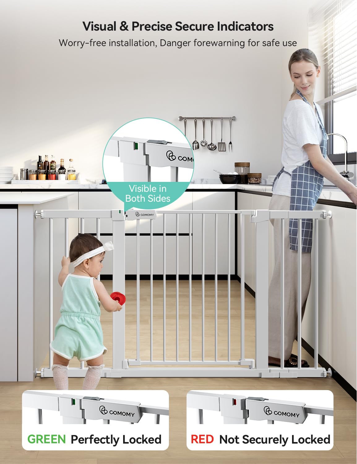 COMOMY 30" Tall Baby Gate for Stairs Doorways, Fits 29.5" to 51.6" Openings