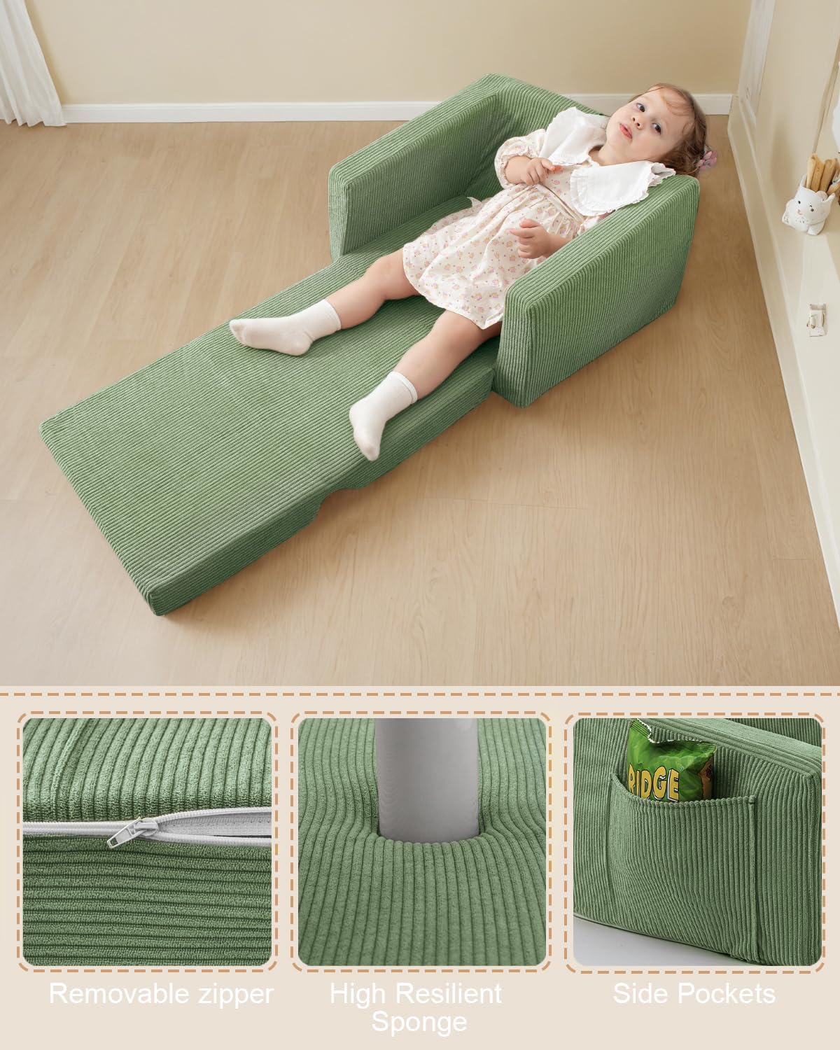 2-in-1 Kids Chair and Couch, Cozy Corduroy Kids Sofa, Green