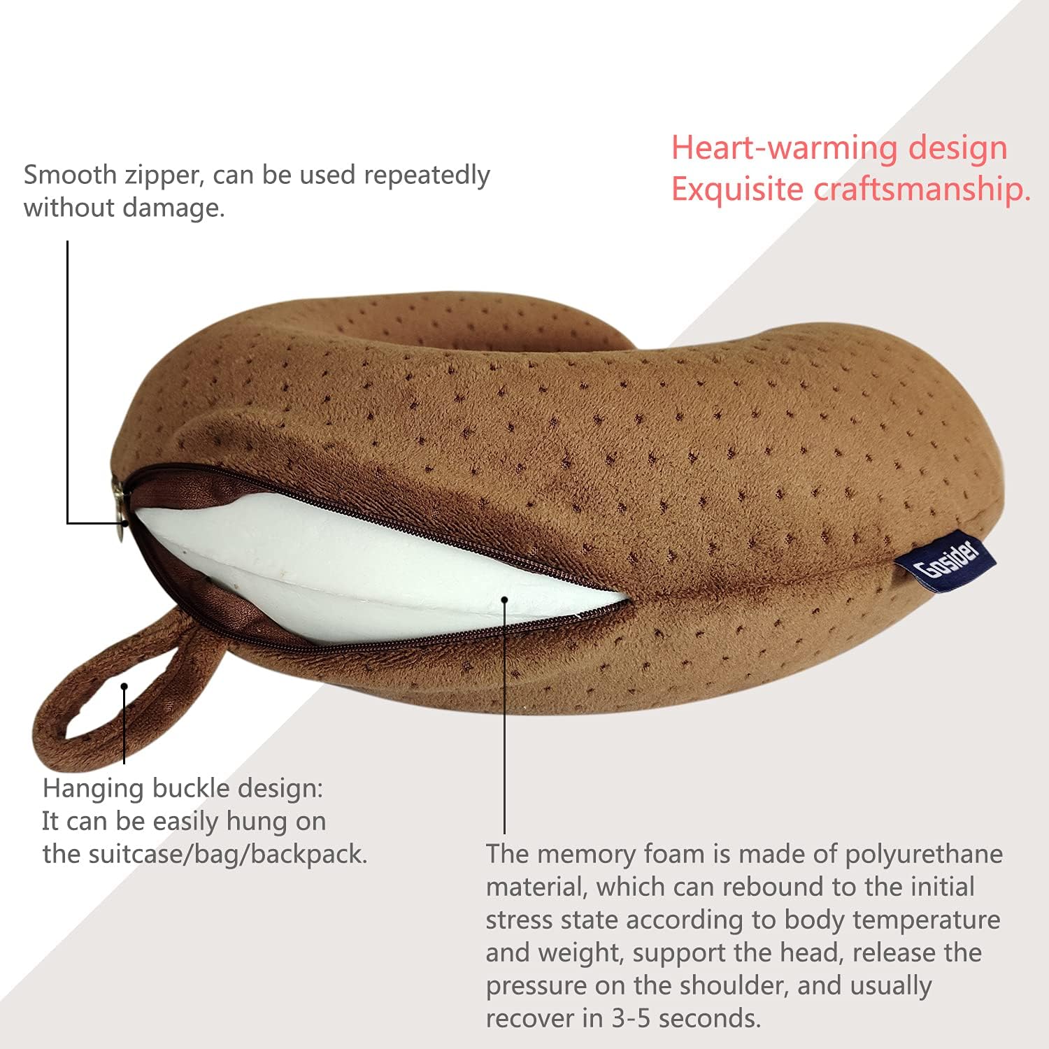 Memory Foam Travel Pillow, U Shape Neck Pillows, Brown