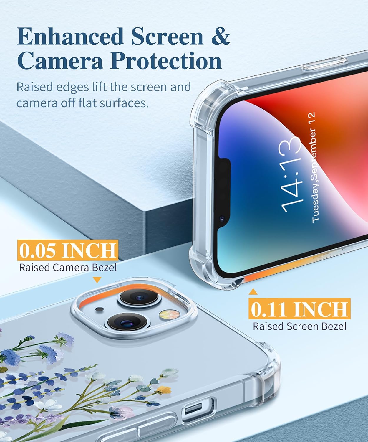 GVIEWIN for iPhone 14 Case Floral, Screen Protector & Camera Lens Protector