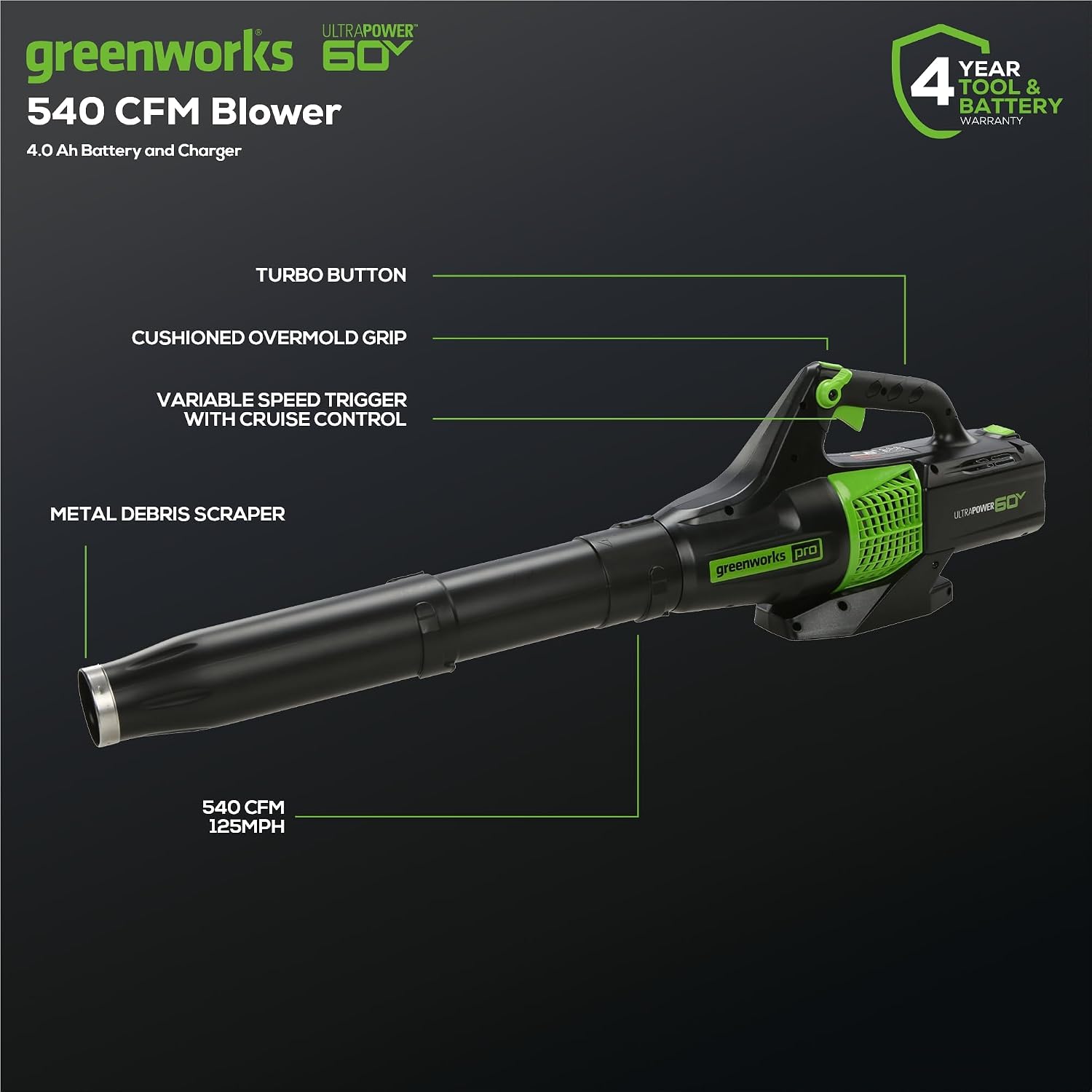 Greenworks 60V 13" String Trimmer + (540 CFM) Leaf Blower Combo, 4.0Ah Battery, Rapid Charger + Bonus 4.0Ah Battery