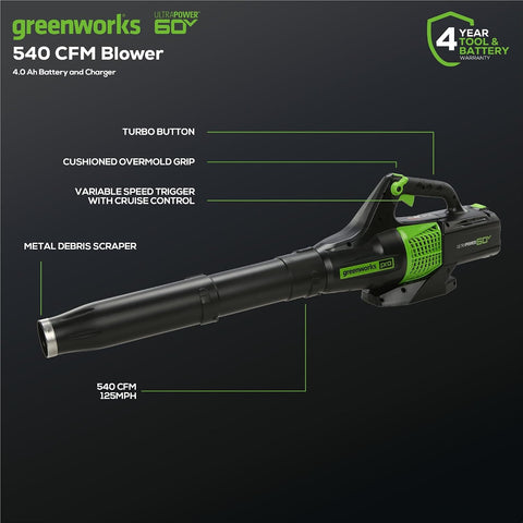 Greenworks 60V 13" String Trimmer + (540 CFM) Leaf Blower Combo, 4.0Ah Battery, Rapid Charger + Bonus 4.0Ah Battery