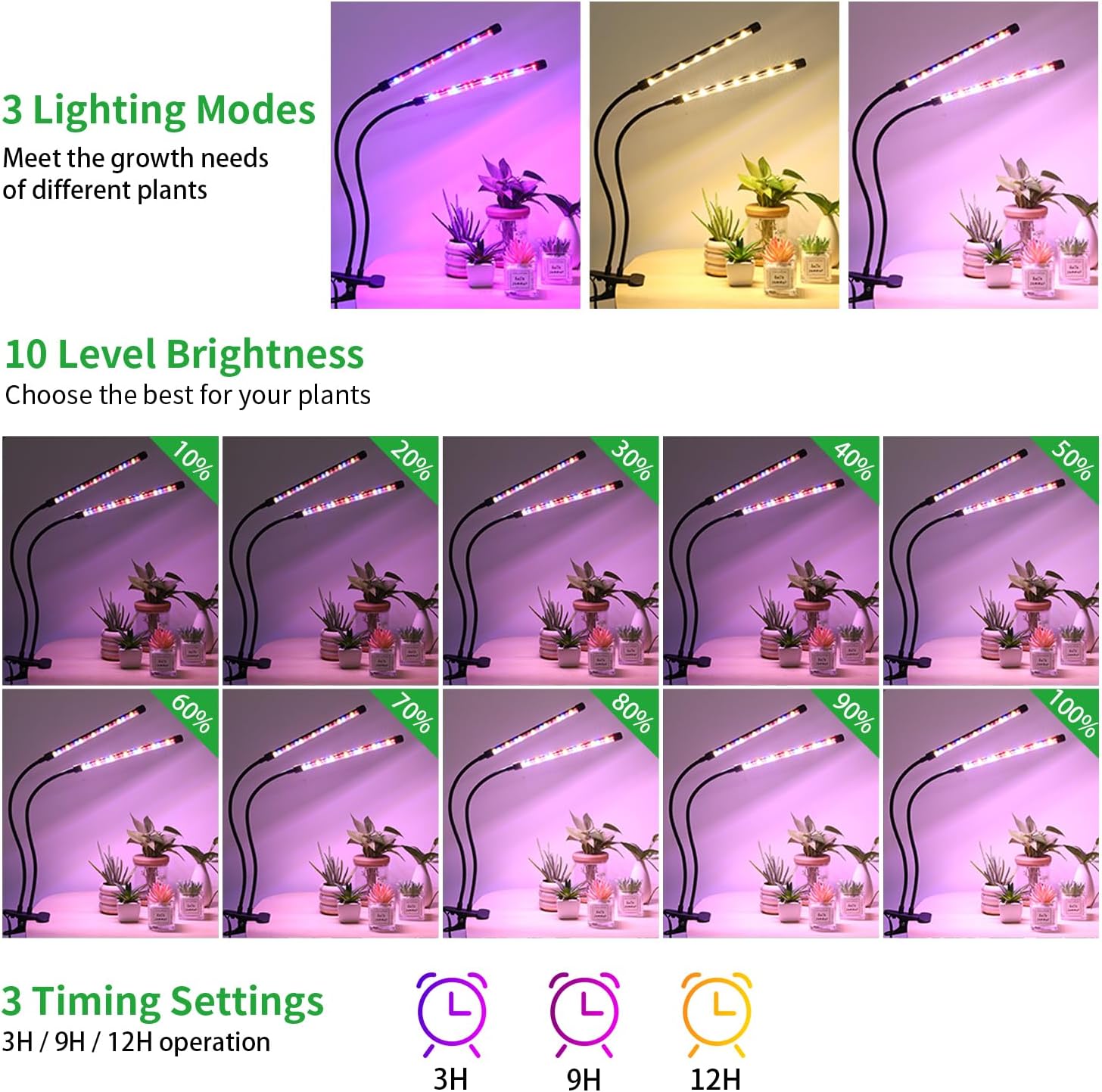 2 Head 2 Pack LED Plant Grow Light with Flexible Gooseneck, Suitable for Indoor Plants, Full Spectrum Clip on Plant Growing Light with Red, Blue, Yellow Beads, 10 Brightness Levels, 3/9/12H Auto Timer