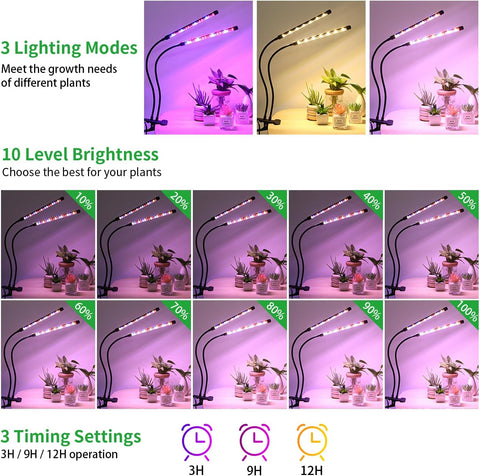 2 Head 2 Pack LED Plant Grow Light with Flexible Gooseneck, Suitable for Indoor Plants, Full Spectrum Clip on Plant Growing Light with Red, Blue, Yellow Beads, 10 Brightness Levels, 3/9/12H Auto Timer