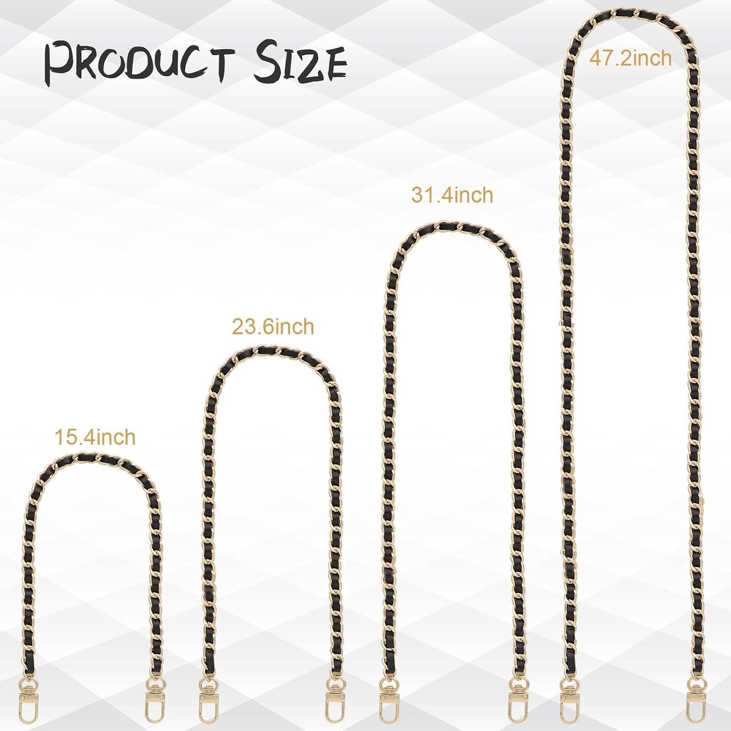 Gold Purse Chain & Strap, 4 Sizes - DIY Handbag, Shoulder, Crossbody Bag Chain - Leather, Braided - 15.4, 23.6, 31.4, 47.2 Inch - Black/Gold