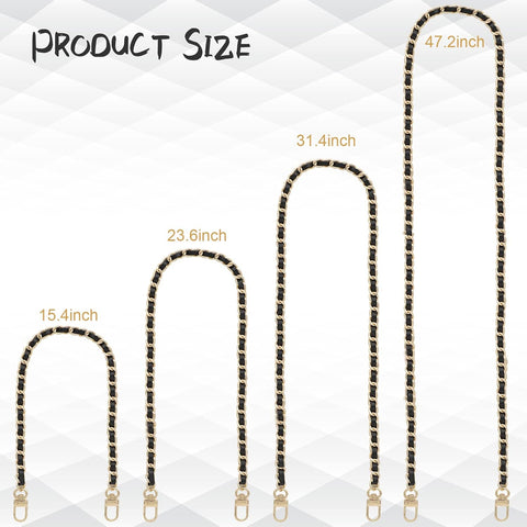 Gold Purse Chain & Strap, 4 Sizes - DIY Handbag, Shoulder, Crossbody Bag Chain - Leather, Braided - 15.4, 23.6, 31.4, 47.2 Inch - Black/Gold