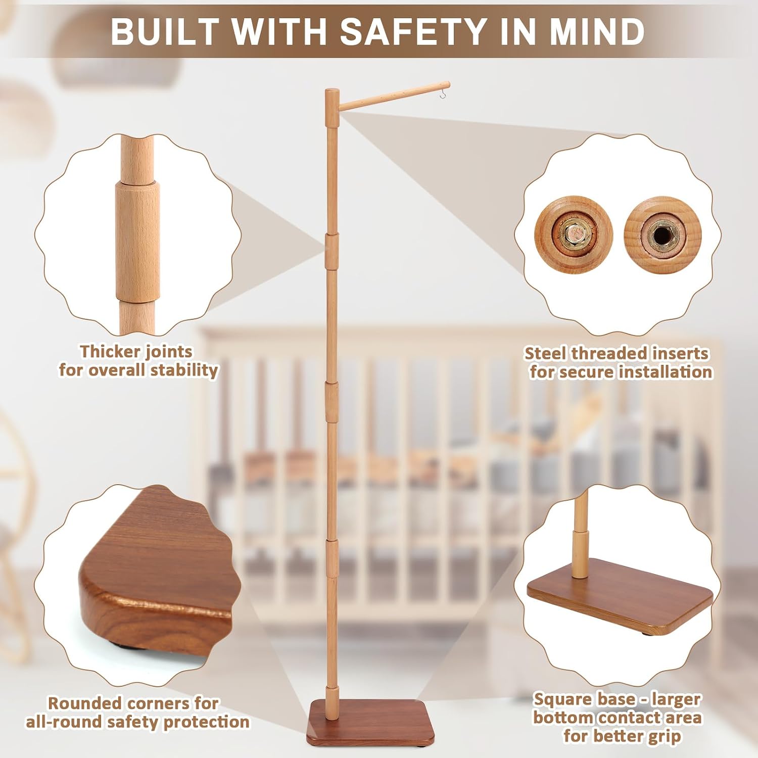 Floor-Standing Crib Mobile Arm - 65 Inch Mobile Arm for Crib - Mobile Stand for Crib - 100% Beech Wood - Movable Baby Mobile Hanger with Strong Anti-Dumping Attachment - Easy Assembly - Nursery Decor