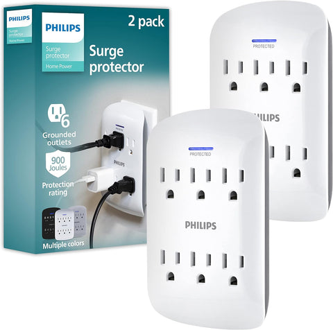 Philips 6-Outlet Extender Surge Protector, 2 Pack, Wall Tap, 900 Joules