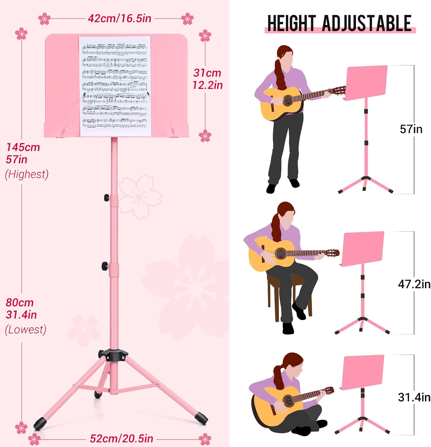 CAHAYA Sheet Music Stand Dual-use Converts to Desktop Stand Adjustable Pink