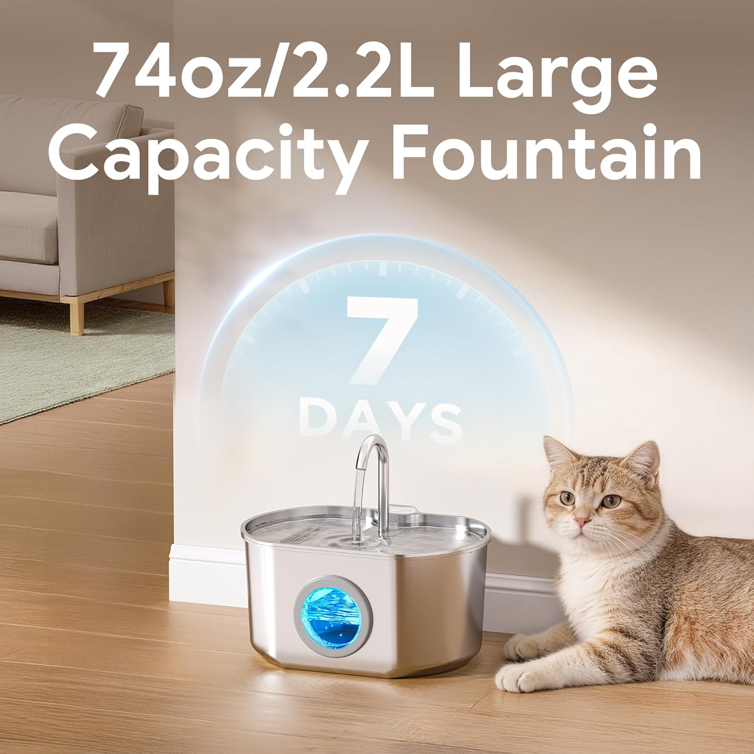 Cat Water Fountain Stainless Steel: 74oz/2.2L Cat Fountain for Drinking