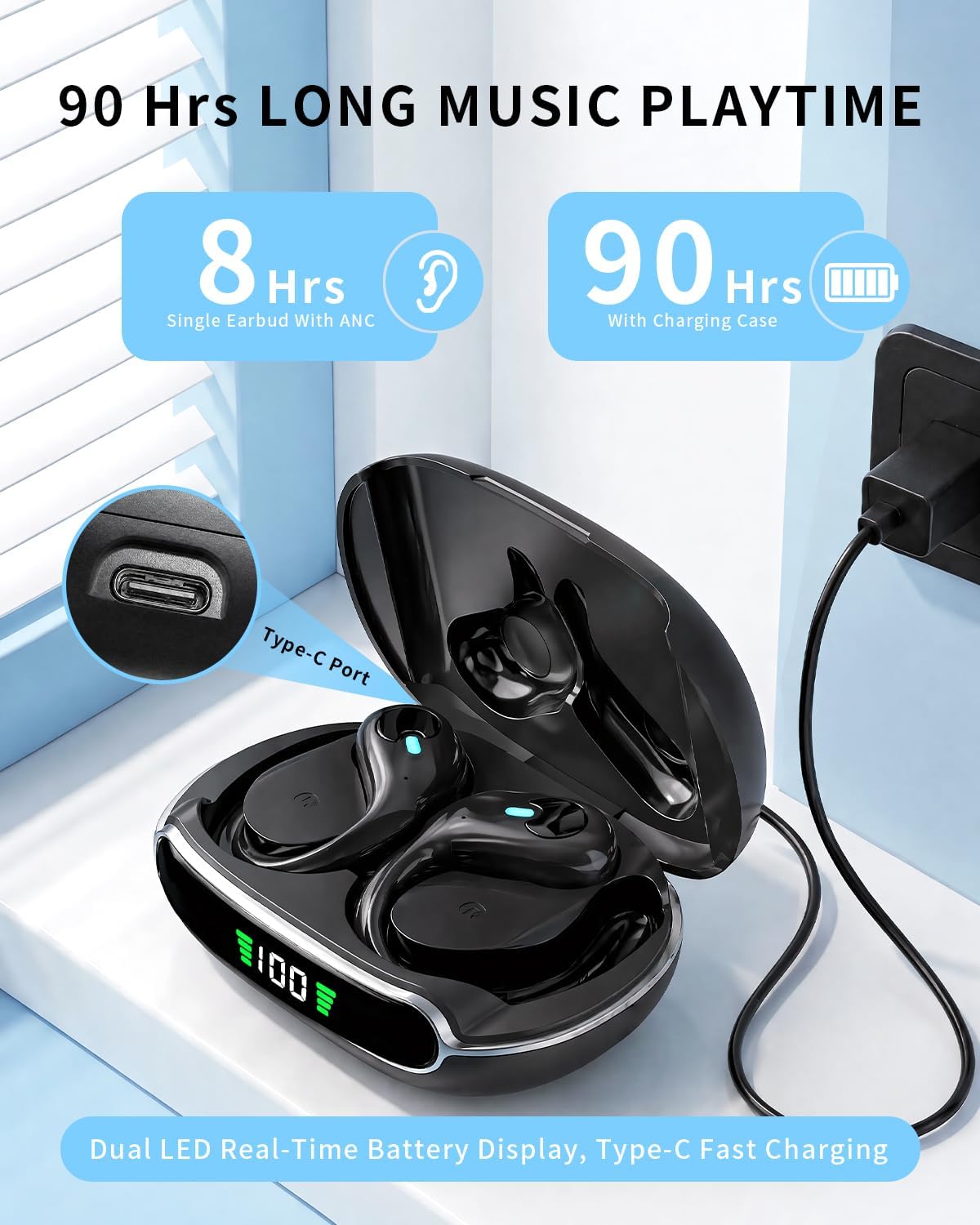 Active Noise Cancelling Ear Buds Wireless Earbuds 90H Playtime Bluetooth Headphones Stereo Bass Over-Ear Hooks Earphones with Power Display Case IPX7 Waterproof Headset for Workout/Running, Black