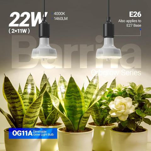 Barrina OG11A Grow Light Bulbs for Indoor Plant, 4000K 11W, 2 Packs, White