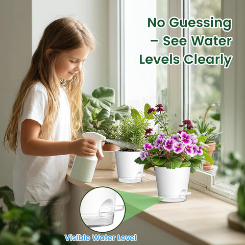 Meowell 7 inch Self Watering Pots for Indoor Plants, 5 Pack Plant Pots with Drainage Holes & Clear Reservoir for Visible Water Level, Plastic Wicking Planter Pots for House Plants and Flower, White