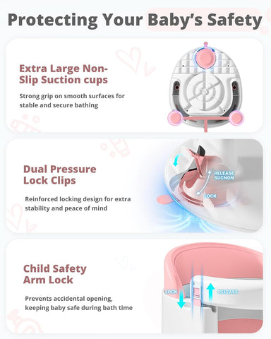 ONTHEWEI Baby Bath Seats for Babies Sitting Up, Non-Slip Baby Bathtub with 3 Suction Cups, Safe & Comfortable Toddler Bath Seat Ideal for Baby Bath/Shower Support, Stable Design, Pink (6-24 Months)