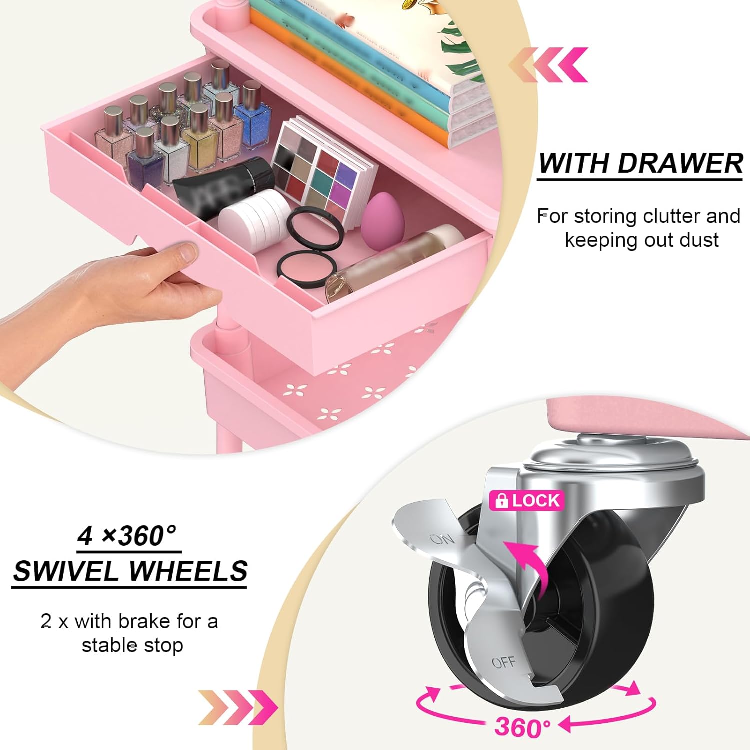 Goovilla 3 Tier Rolling Utility Cart Organizer with Removable Drawer, Pink