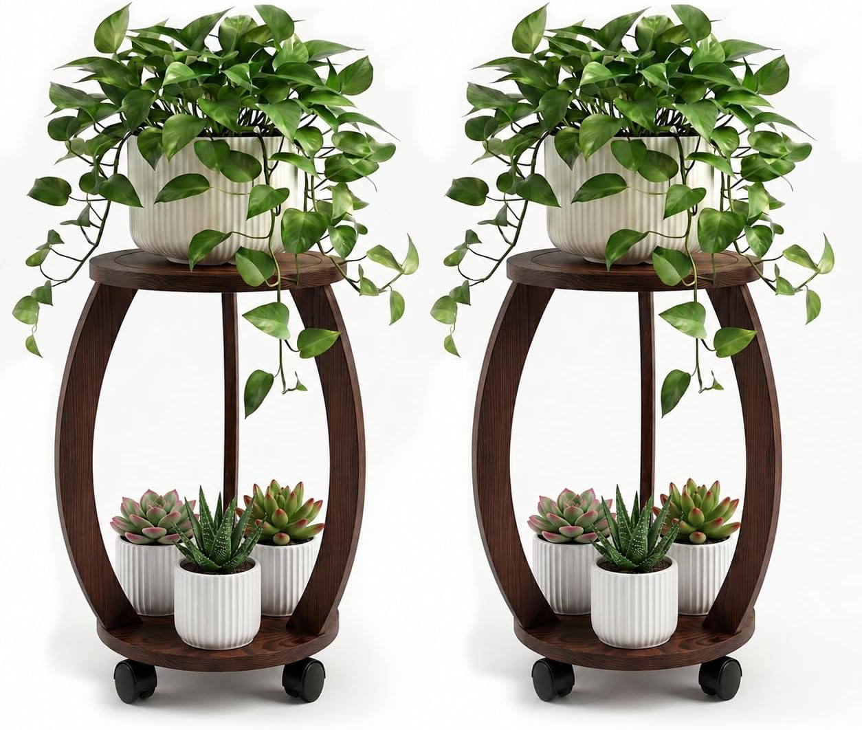 2 Pack 2 Tier Wooden Plant Stand Indoor with Wheels – Tall Plant Stand for 6-12 Inch Pots, Mid-Century Modern Rustic Plant Table Indoor, Pedestal Stand for Corner, Living Room, Balcony