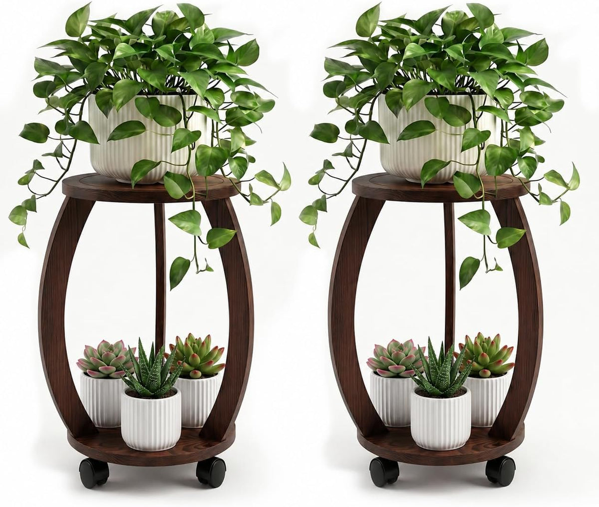 2 Pack 2 Tier Wooden Plant Stand Indoor with Wheels – Tall Plant Stand for 6-12 Inch Pots, Mid-Century Modern Rustic Plant Table Indoor, Pedestal Stand for Corner, Living Room, Balcony