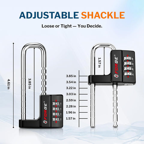 FORGE Combination Lock with Adjustable Shackle (1.57"-3.85") Black 1 Pack