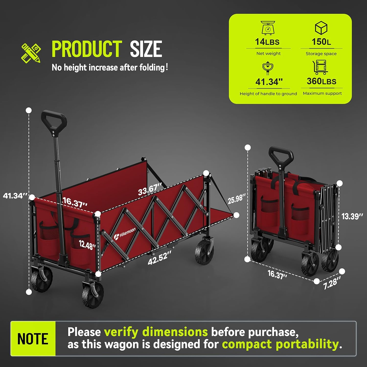 HIKEMOON 43'' Extra Long Folding Wagon with Extended Tailgate, Red