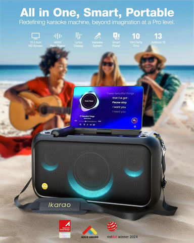 Ikarao Karaoke Machine for Adults with Lyrics Display, Built-in 13.3" Screen, Truly All in One Karaoke Machine with 2 Wireless Microphone (Hidden & Self Charging), 460W Bluetooth Speaker for Party, TV