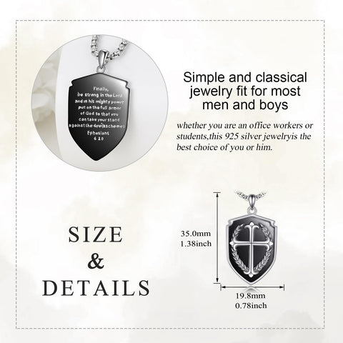 KQF Cross Shield Necklace 925 Sterling Silver Bible Verse Pendant Jewelry Gift for Men Women Ephesians 6:10 (Ephesians 6:10)