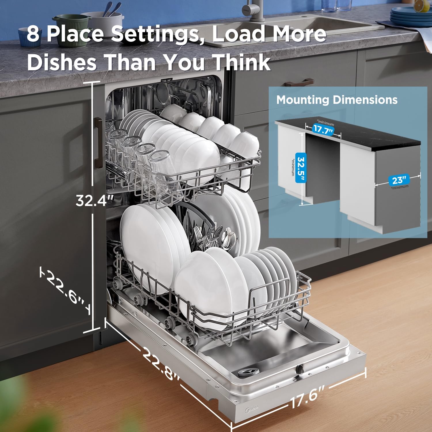 Midea 18 Inch Built-in Dishwasher, 8 Place Settings, Stainless Steel Tub
