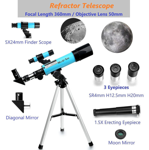 MaxUSee Telescope F360X50mm for Astronomy Beginners, Refractor Telescope with Tabletop Tripod & Finder Scope, Travel Telescope includes 3 Magnification Eyepieces and Moon Mirror