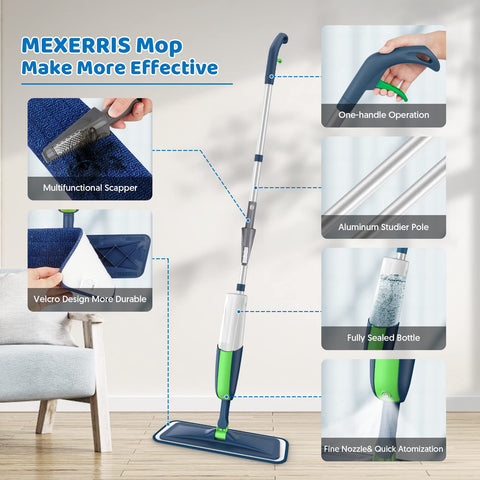 Wet Mops with 5X Washable Pads Spray Mops for Hardwood Floor Cleaning- MEXERRIS Wood Floor Mops Dust Mops with 2X Bottles Commercial Home Use for Hardwood Laminate Vinyl Tiles Wood Floor Cleaning