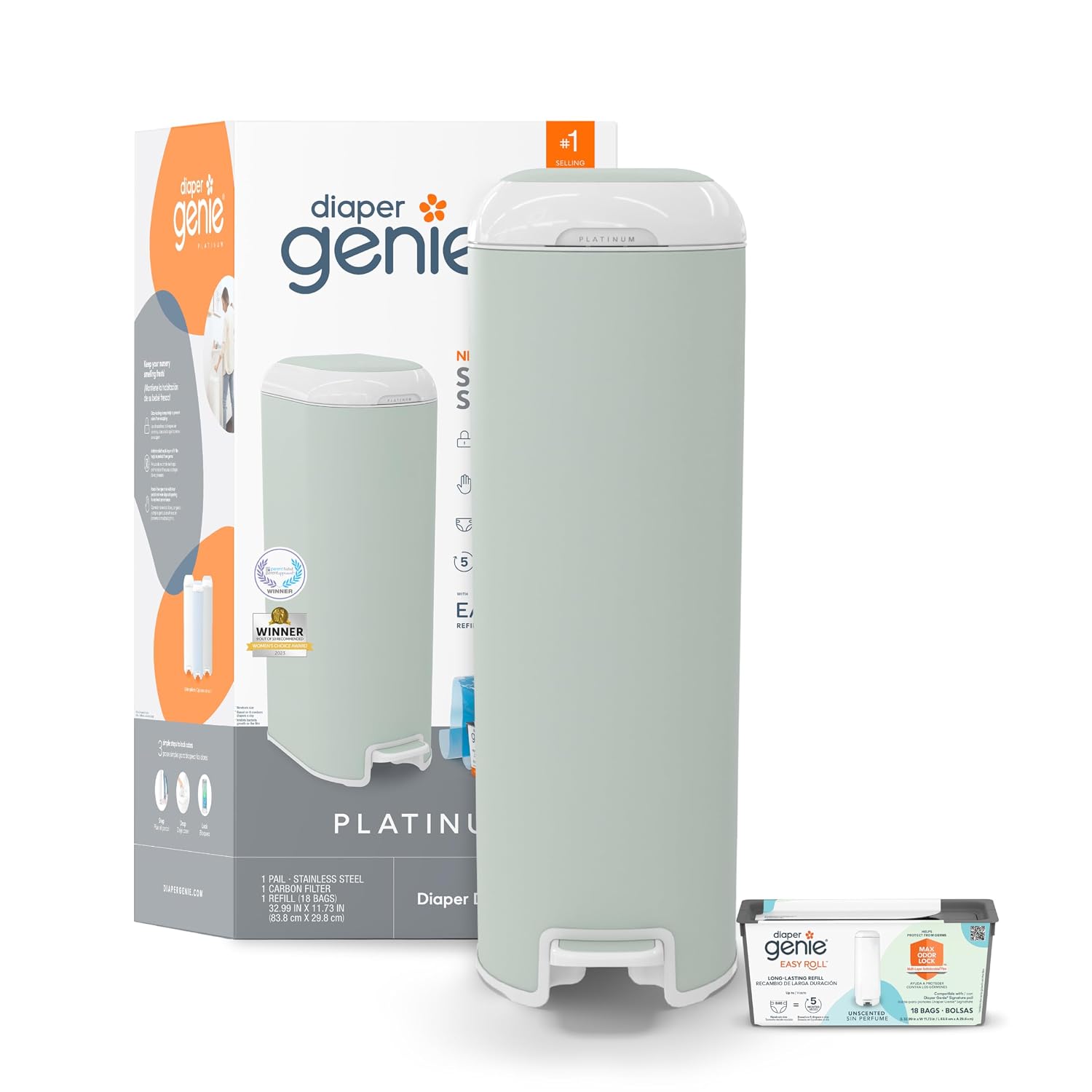 Diaper Genie Platinum Pail with Easy Roll Refill 18 Bags, Stainless Steel