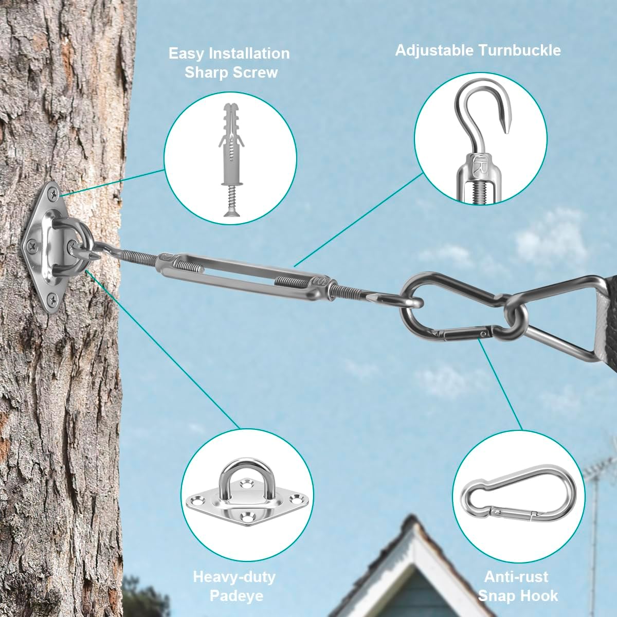 Sun Shade Sail Hardware Kit 6 Inch for Rectangle & Triangle Shade Sail Install, Stainless Steel Shade Sail Fixing Accessories for Outdoor Patio Canopy Garden, Heavy Duty Awning Attachment Set (44 Pcs)