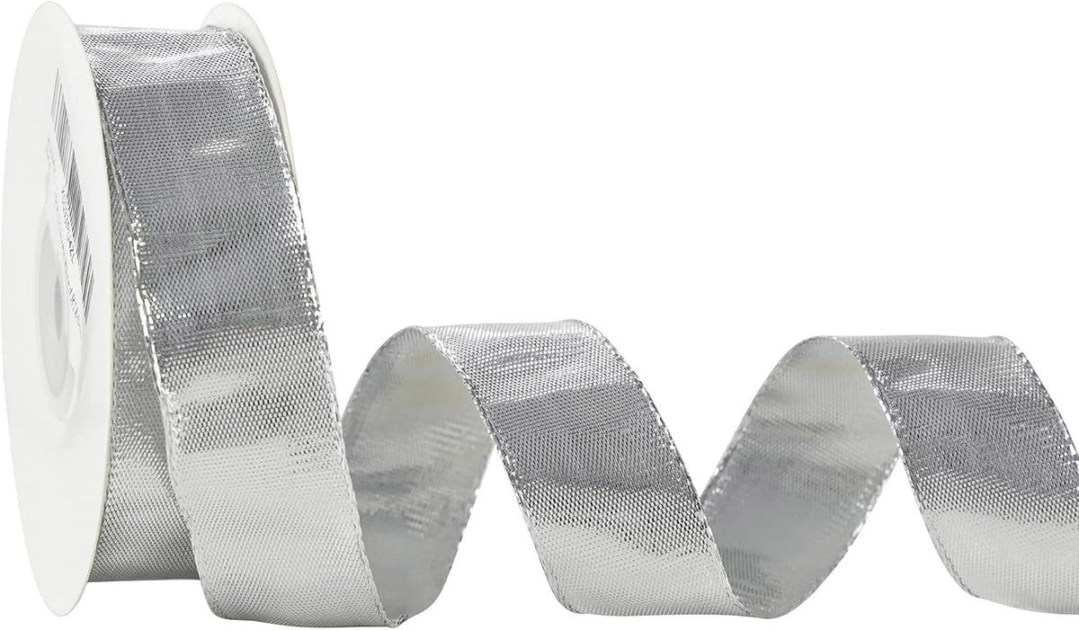 MEEDEE Silver Wired Woven Metallic Ribbon - 1 inch Silver Wired Ribbon for Gift Wrapping, Gift Bows, DIY Crafts, Graduation Baskets, Wedding, Party Decorations (25 Yards)