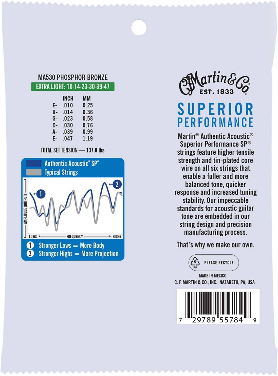 Martin Authentic Acoustic Guitar Strings, Superior Performance Extra Light 10-47, 92/8 Phosphor Bronze