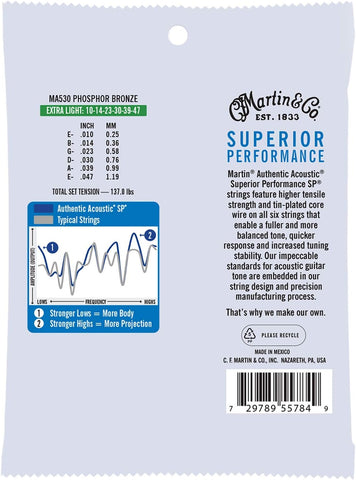 Martin Authentic Acoustic Guitar Strings, Superior Performance Extra Light 10-47, 92/8 Phosphor Bronze