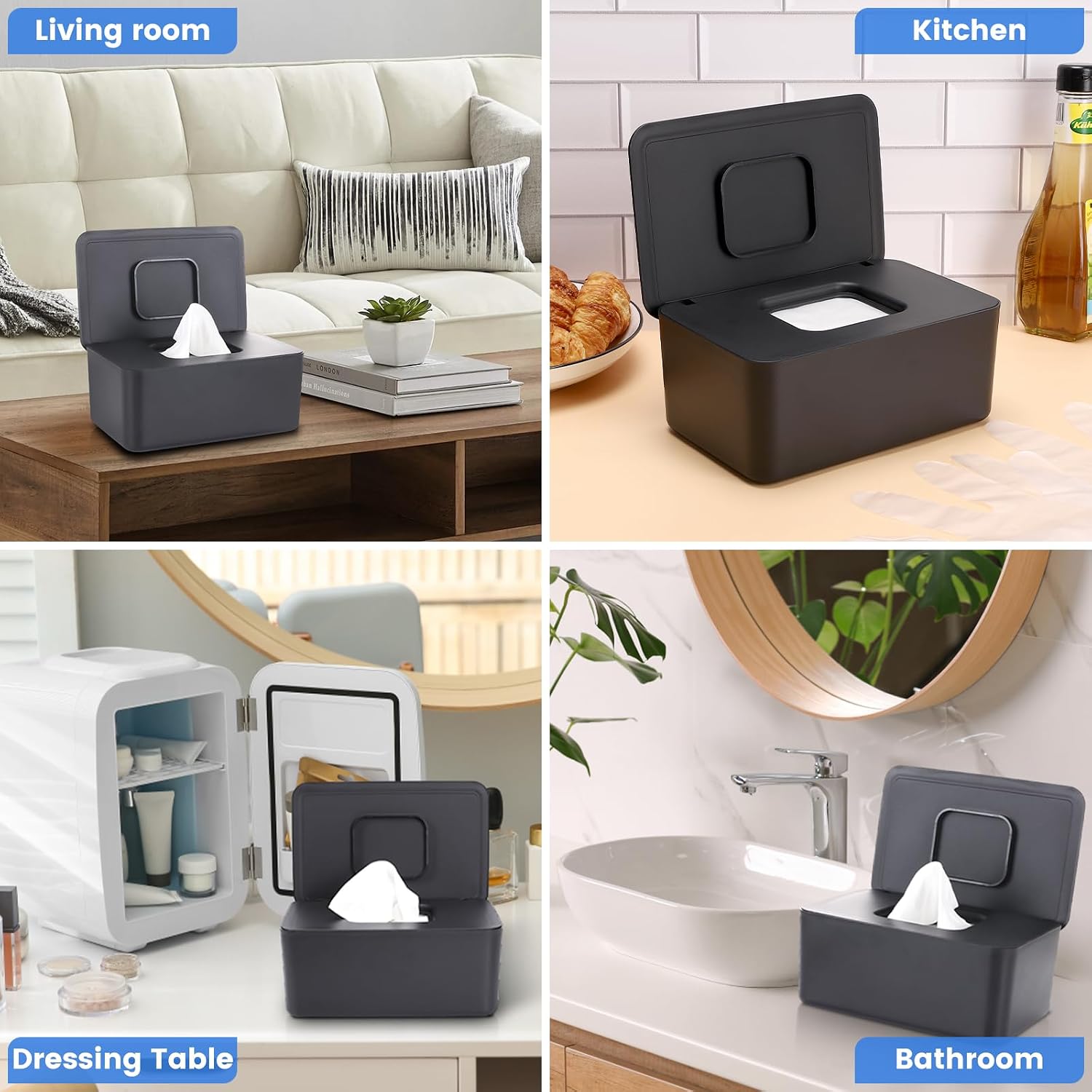 Baby Wipes Dispenser & Wipes Holder - Non-Slip Refillable Baby Wipes Container with Sealing Lid, Keeps Wipes Fresh, Portable Wipes Case for Travel & Home (Black)