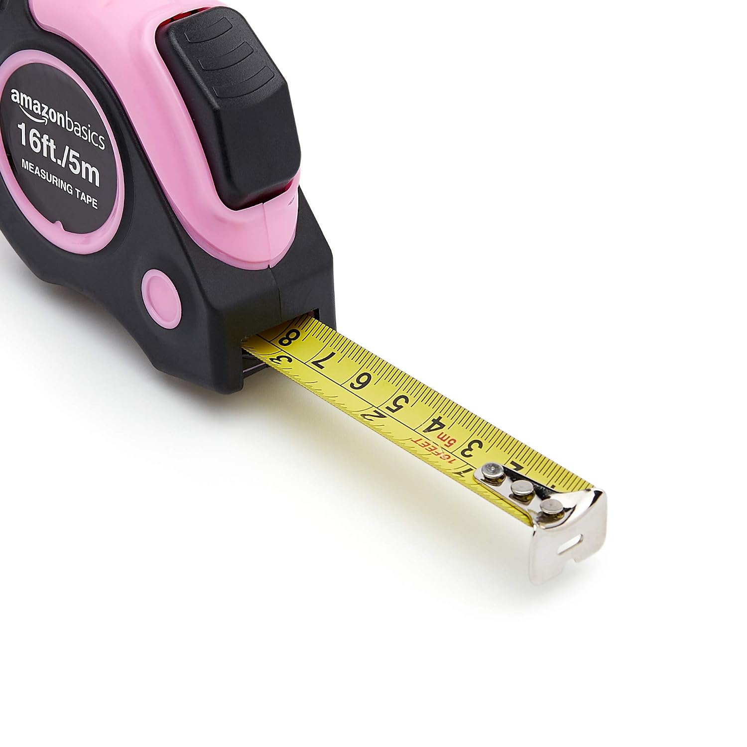 Amazon Basics Retractable Tape Measure with Metric and SAE Measurements, 16ft/5m, Belt Clip, Readable, Pink