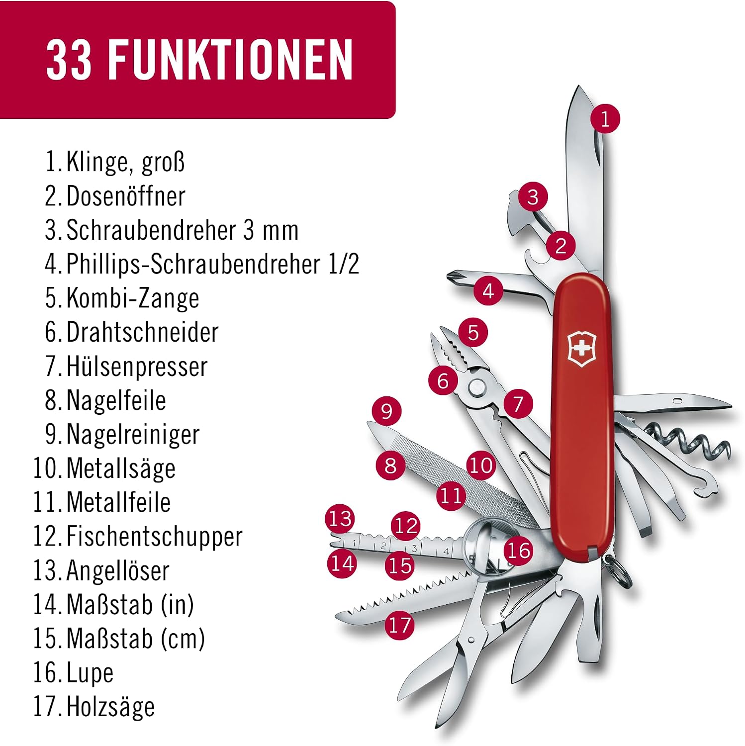 Victorinox Swiss Champ Swiss Army Knife, 33 Functions, Swiss Made Pocket Knife with Large Blade, Screwdriver, Chisel and Combination Pliers - Red