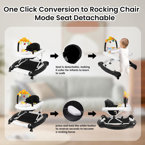 Boyro Baby Baby Walker, 5-in-1 Black Baby Walkers for Boys and Girls 6-12 Months with Bouncer, Removable Footrest, Feeding Tray & Music, Foldable & Adjustable Walker for 6-18 Months Toddler Infant