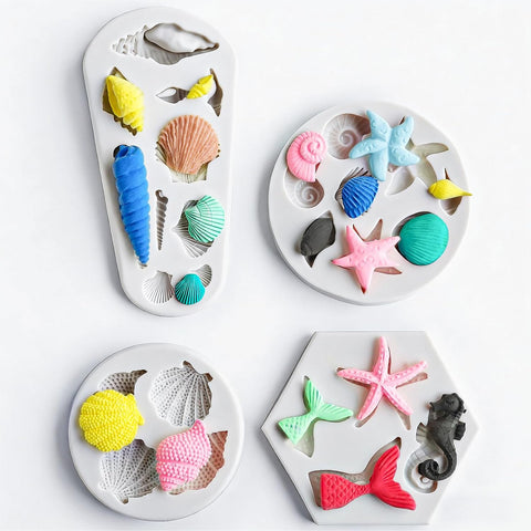 HKNMTT Marine Themed Silicone Mold for Polymer Clay Fondant, Seashell Mermaid Tail Starfish Ocean Seahorse Air Dry Clay Craft Cake Decor Wax Melt Chocolate Candy Mould DIY Cupcake Toppers BPA Free
