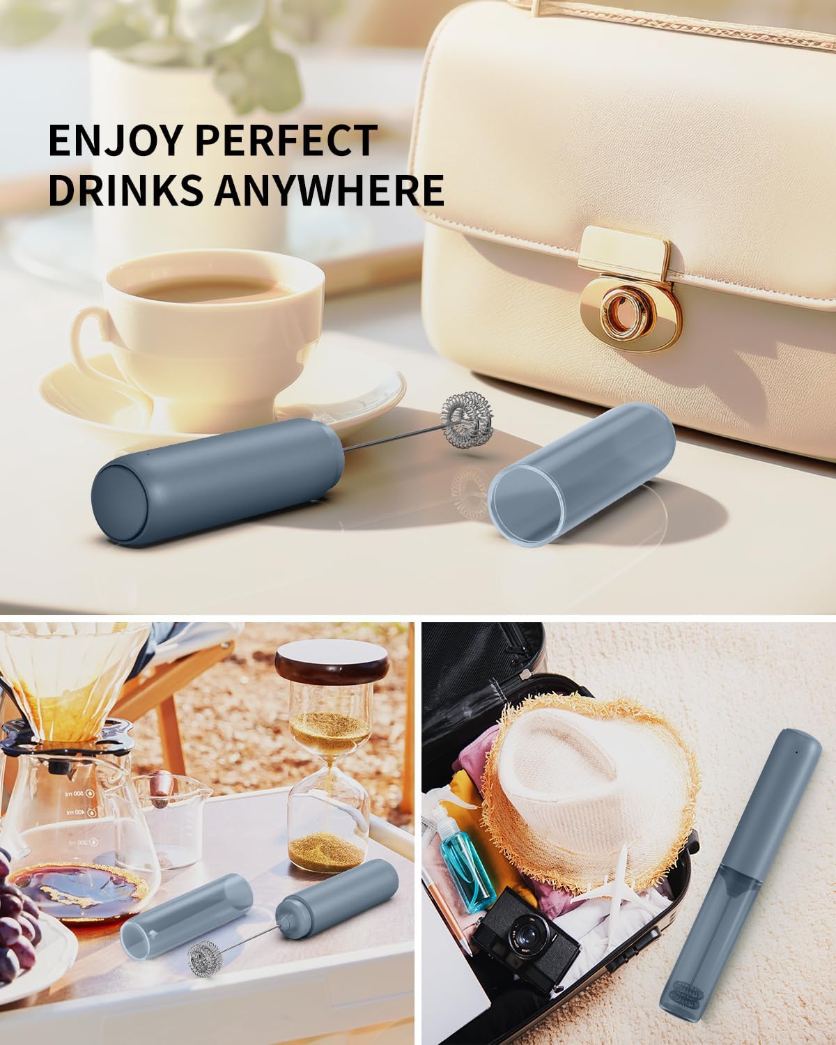 CIRCLE JOY Rechargeable Milk Frother Handheld, Dual Ring Electric Coffee Frother, Portable Hand Frother Wand Drink Mixer for Matcha Lattes Cappuccino, Kitchen Gifts, Blue