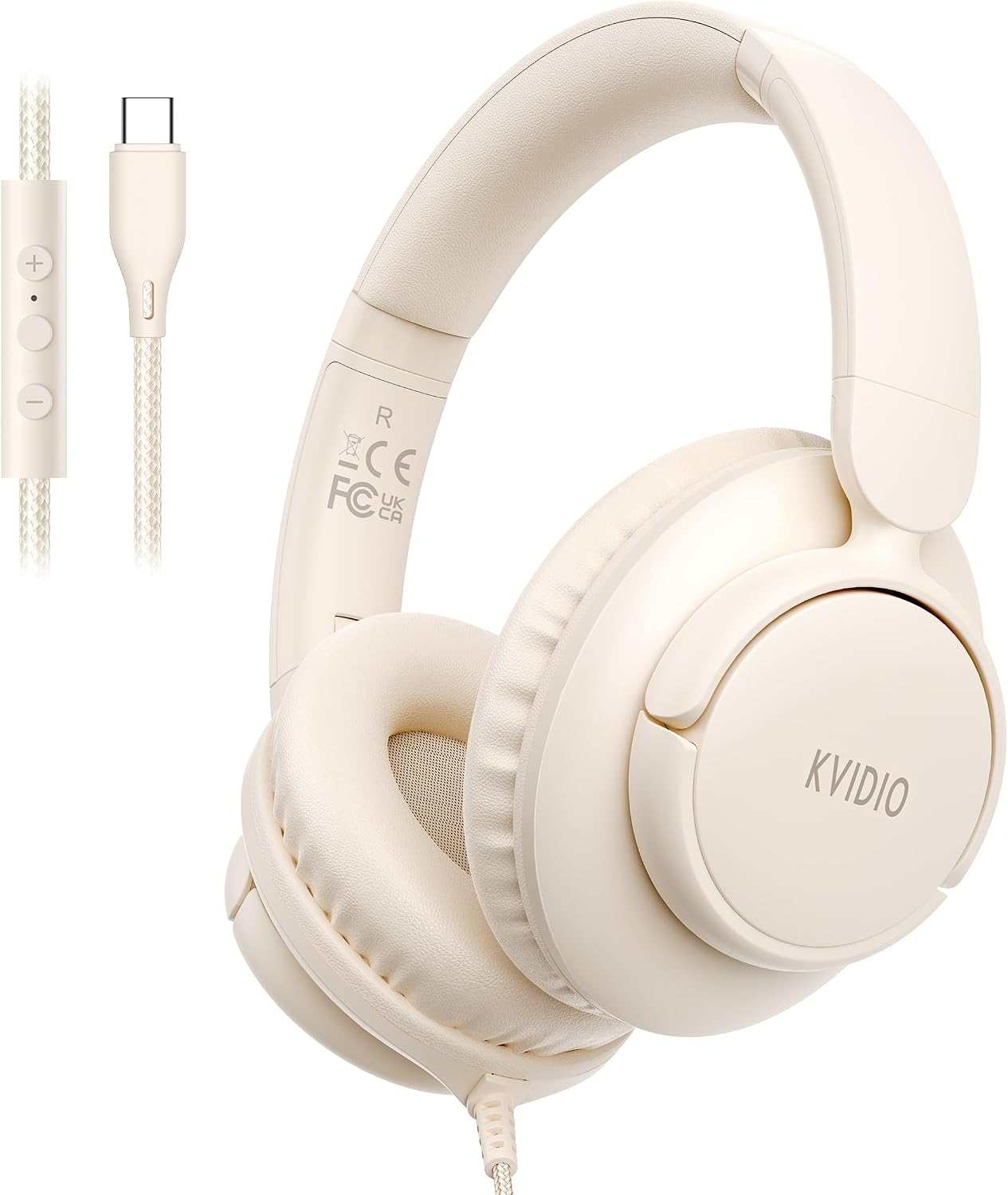 USB C Wired Over Ear Headphones for School with Mic, Volume Control, Beige